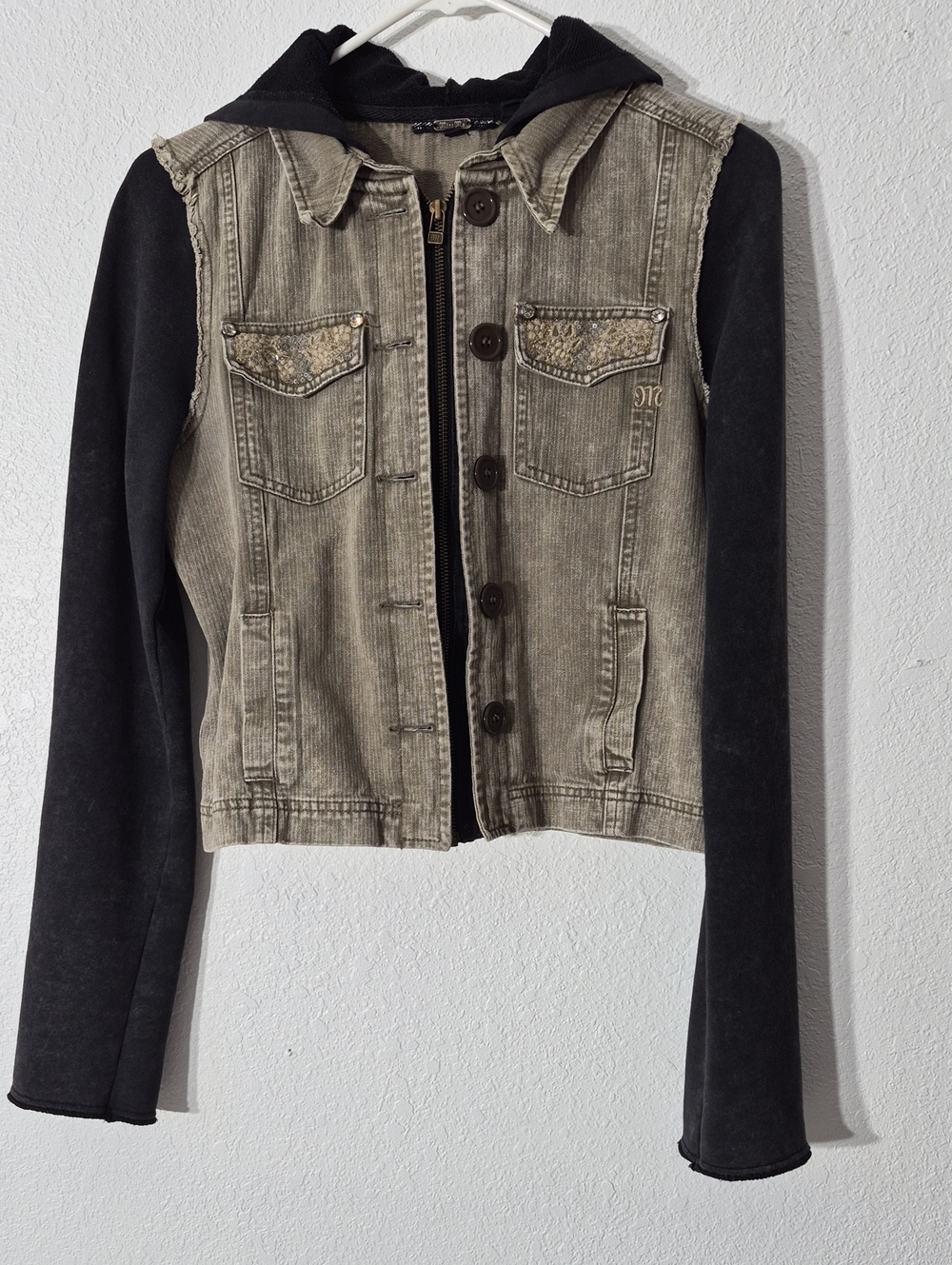 Miss Me Two-Tone Hooded Denim Jacket in Olive and Black